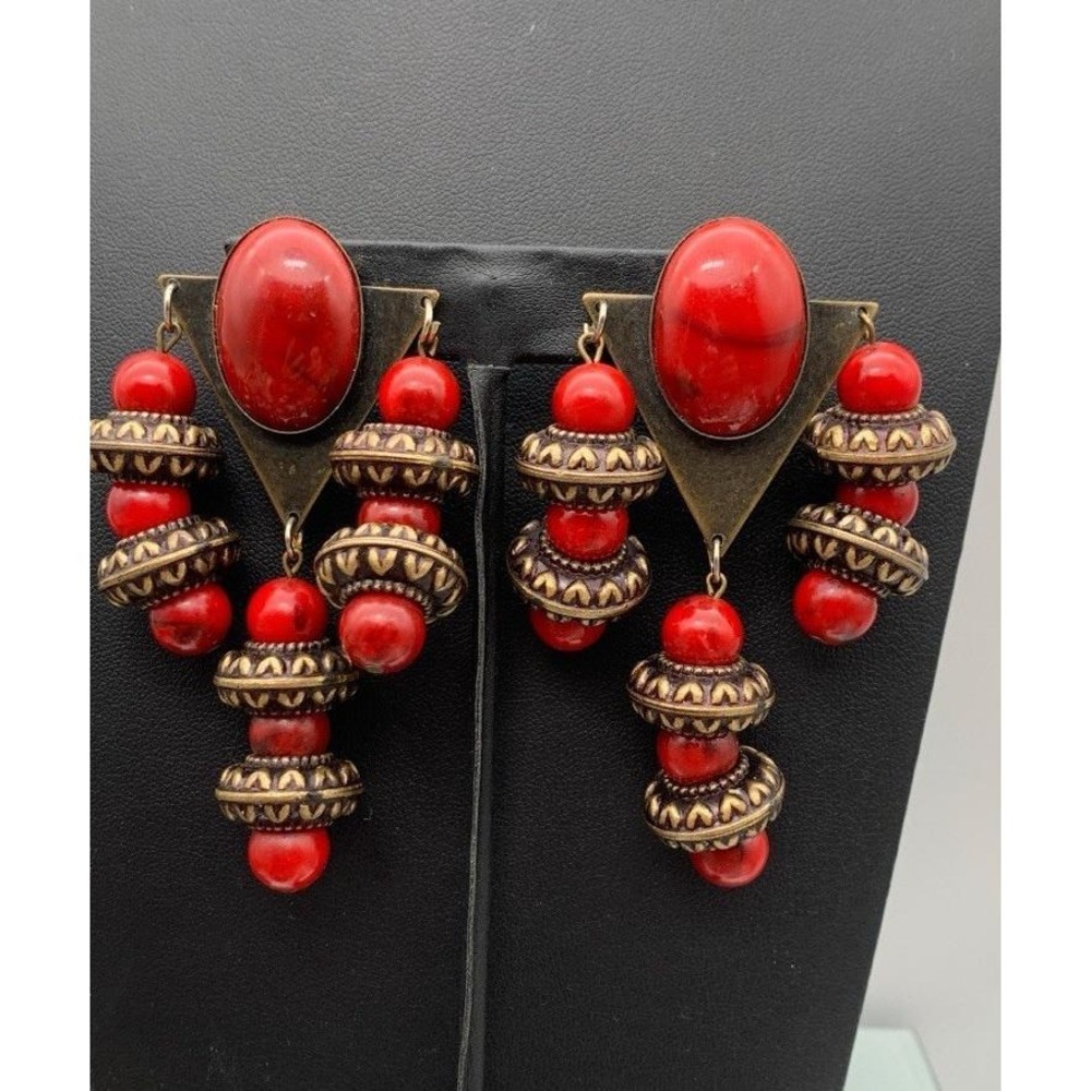 Vintage Chunky Statement Red And Antiqued Gold Tone Large Clip On Earrings Boho